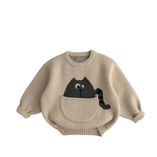 Pocket Cat Beige Thick Oversized Sweater