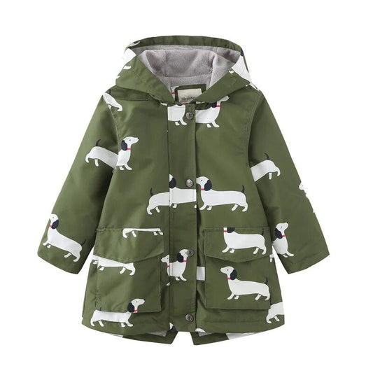 Forest Green with Dogs Double-Layer Fleece-Lined Rain Jacket